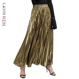 Skirts Casual Dresses LANMREM Spring fashion women clothes high waist A-line pleated sliver vintage elastic long halfbody skirt WH28501XL 230313