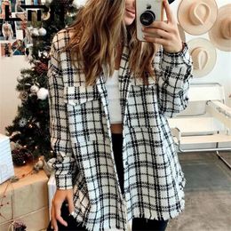 Women's Blouses LTPH Woollen Tweed Vintage Plaid Shirt Outwear Loose Casual Oversized Shirts Korean Long Sleeve Cardigan Tops 2023 Autumn