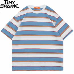 Men's T-Shirts Men T-Shirt Hip Hop Streetwear Striped T Shirt Harajuku Cotton Casual Loose Tshirt Summer Short Sleeve Tops Tees Blue Brown 230313