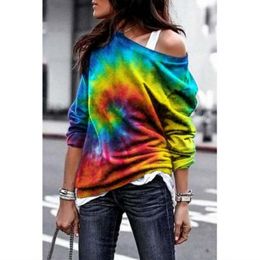 Womens Hoodies Sweatshirts Rainbow Tiedye Print Fashion Personality Autumn One Shoulder Off Long Sleeve Women 230314