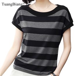 Women's T-Shirt Cotton Black Striped Women Summer Loose T-Shirts Female Plus Size Short Sleeve Casual O-Neck Modal T Shirt Ladies Soft Tops 230314