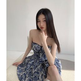 Casual Dresses Women Clothing Blue and White Porcelain Puffy Chinese Style Tea Break French Bra Chic Unique Temperament 230313