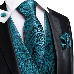 Mens Vests HiTie Teal Green Floral Paisley Silk Men Slim Waistcoat Necktie Set For Suit Dress Wedding 4PCS Vest Necktie Hanky Cufflink Set 230313