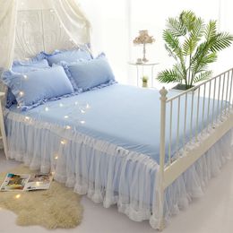 Bed Skirt Blue Pink Lace Lotus Leaf Lace Bed Skirts Princess Style Solid Colour Bedspread Bed Cover Non-Slip Sheets Without Pillowcase 230314