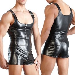 Men's Tracksuits Sexy Men's Suit Sleeveless Open Crotch Faux Leather Zip Bodysuit Shorts Jumpsuit Shaper 230313