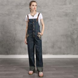 Women's Jumpsuits & Rompers Women Denim Jumpsuit 2023 Vintage Bodysuit Adjustable Shoulder Flower Embroidery Single Breasted A2218Women's