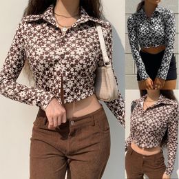 Women's Blouses Spring Summer 2023 Women Fashion Y2K T Shirt Vintage Brown Flower Cardigan Shirts Turn Down Collar Long Sleeve Tees