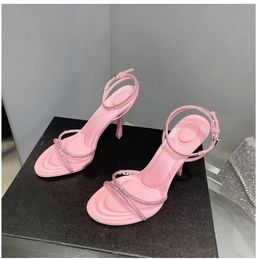 2023 New Ankle StrapCrystal sandals summer Womens Shoes Sandal Black Pink Satin Luxury Designer Foot Ring High Heeled Narrow Band factory footwear 01