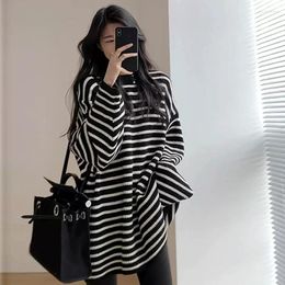 Women's Two Piece Pants Vintage Large Size Women's Clothing 2023 Spring Autumn Casual Slim Stripe Sweater T-shirts Calf Two-Piece Sets