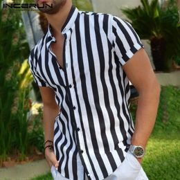 Men's Casual Shirts INCERUN Man Stylish Button Blouse Summer Casual Tops Masculina Fashion Striped Men Shirts Short Sleeve Stand Collar Shirt 5XL 7 230314