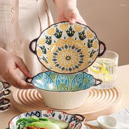 Bowls 2PCS Japanese Noodle Bowl Ceramic Soup With Handle Hand Painted Salad Pasta Kitchen Tableware Microwave Oven Bakware