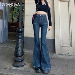 Women's Jeans ZOENOVA Y2K Vintage Blue High Waist Women Full Length Jeans Wide Leg Flare Trouser Famale Strecth Denim Streetwear Clothing 230314