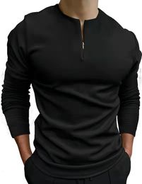 Men's T-Shirts Men's Casual Polo Shirt Khaki Collarless Long Sleeve Zip Design Top Harajuku Men Streetwear Luxury Fashion S-3XL 230313