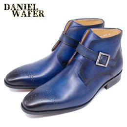 Fashion Men's Chelsea Boots Luxury Design Genuine Leather Shoes Black Blue Buckle Strap Dress Formal Business Ankle Boot for Men