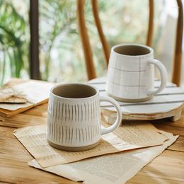 Mugs Japanese Simple Hand Painted Stripe Cheque Pottery Coffee Large Capacity Ceramic Breakfast Cup For Tea Milk Water Tableware