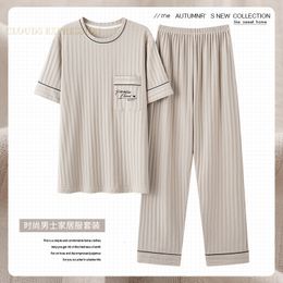 Men's Sleepwear L-5XL Summer Elegant Men Pyjamas Knited Cotton Pyjamas Set Long Pant Sleepwear Pyjamas Night Suits Pijamas Plus Size Homewear PJ 230313