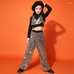 Stage Wear Kid Hip Hop Clothing Crop Top Long Sleeve Shirt Sequin Tank High Waist Street Dance Pants Girls Jazz Costume Clothes