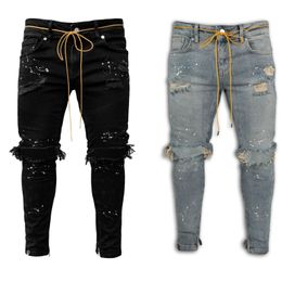 Men's Jeans Men Jeans Stretch Destroyed Ripped Paint point Design Fashion Ankle Zipper Skinny Jeans For Men 230313