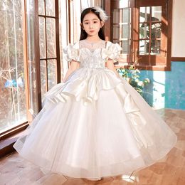 Flower Girls For Weddings Feather Beaded Stain Tiered Ruffles Ball Gown Birthday Children Girl Pageant Gowns Floor Length Tulle Lace Communion Dresses 403