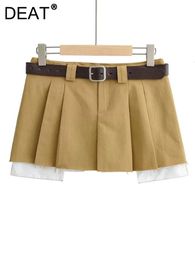 Skirts DEAT 2023 Spring fashion women low waist with belt clothes two pieces pleated mini skirt female short WY57604L 230314