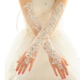 Fingerless Gloves Opera Length Long Wedding Dress Gloves Crystals Diamond Gauze Embroidery Elegant Womens Lace Bridal Gloves Wholesale Price 230314