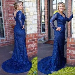 Long Custom Arabic Sleeves Lace Mother of the Bride Dresses V Neck Royal Blue Mermaid Formal Evening Gowns