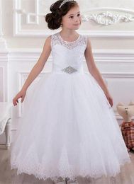 Girl Dresses Custom Birthday Christmas Kids Formal Wear Girls Pageant Baby Children Party Dress Tulle O-Neck Lace White Flower