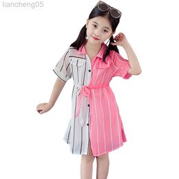 Girl's Dresses Girls Summer Dress Striped Blouse Dress For Girl Patchwork Kid Shirt Dress Teenage School Come For Girls W0314