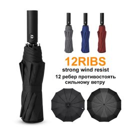 Umbrellas 12Ribs Strong Wind Resistant Umbrella 3Folding Automatic Rain For Men Women Parasol Business Long Handle Portable Gift Paraguas 230314