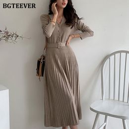 Casual Dresses BGTEEVER Elegant Vneck Singlebreasted Women Thicken Sweater Dress Autumn Winter Knitted Belted Female Aline soft dresses 230313