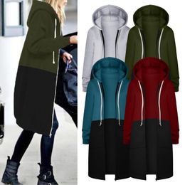 Women's Jackets Womens Zipper Hooded Coat Long Sleeve Bicolor Spliced Straight Jacket For Women 2023 Medium Length Fall Clothes Chaqueta Muj