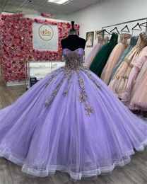 Luxury Purple Tulle Ball Gown Quinceanera Dresses 2023 Beaded Birthday Prom Dresses Appliques For Girl Sequined Lace Up Back