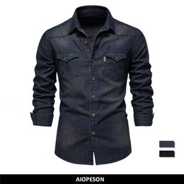 Men's Casual Shirts AIOPESON Brand Elastic Cotton Denim Shirt Men Long Sleeve Quality Cowboy Shirts for Men Casual Slim Fit Mens Designer Clothing 230314