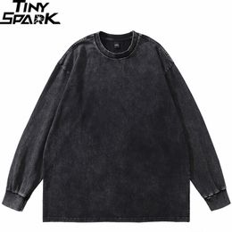 Men's T-Shirts Hip Hop Streetwear Washed Black Plain T Shirt Vintage Harajuku T-Shirt Autumn Men Cotton Long Sleeve Tshirt Solid Colour 230313