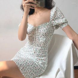 Casual Dresses 2023 Spring Women Floral Dress Puff Sleeve Square Neck Sweet French Style Flower Mini Holiday Clothes