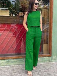 Women's Two Piece Pants Cotton Linen 2 Pieces Sets For Women Summer 2023 New Crop Tops And High Waist Wide Leg Pants Suit Ladies Oversized Chic Outfits L230314