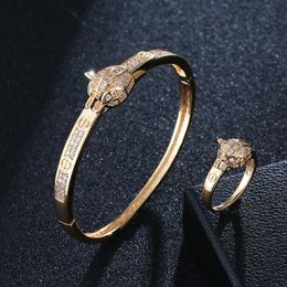 Bangle European And American Explosive Jewelry 18K Leopard Head Micro-inlaid Zircon Ring Set