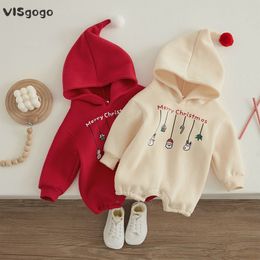 Rompers VISgogo Infant Baby Boys Girls Christmas Romper Long Sleeve Thicken Hooded Letters Print Jumpsuit Fall Winter Clothes 230313