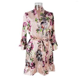 Women's Sleepwear Women's Bridesmaid Dress For Weddings Satin Print Ruffle Pyjamas Ladies Silk Robe Bathrobe Women Pijama Night Gown