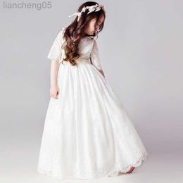 Girl's Dresses Long White Dresses for Kids Girls Princess Elegant Wedding Guest Children Bridesmaid Lace Dress Party Evening Gown 3 6 14 Years W0314