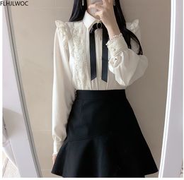 Women's Blouses Shirts Ruffled Autumn Spring Basic Office Lady Work Wear Women Single Breasted Button Solid Peter Pan Collar Top White 230314