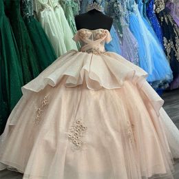 Champagne Shiny Sweetheart Quinceanera Dress Ball Gown Off The Shoulder Appliques Lace 3D Flower Corset 15 Vestidos De