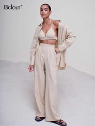 Women's Two Piece Pants Bclout Elegant White Linen Pants 3 Piece Sets Womens Outfits Long Sleeve Fashion Shirts Sexy Crop Tops Elastic Waist Pants Suits L230314