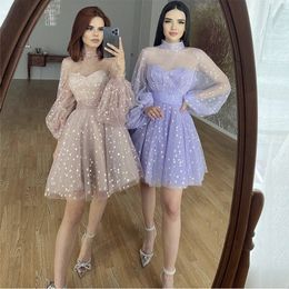 Party Dresses Soft Tulle Homecoming Dresses High Collar Sheer Long Sleeves Graduation Party Women Wear Cocktail Short Prom Gowns 230314