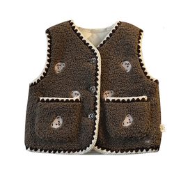 Waistcoat Spring Autumn Girls Jacket Baby Coats Embroidered bear head vest with cotton clip Kids Boys Winter warm infant waistcoat 230313