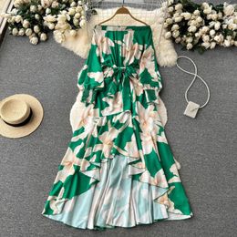 Casual Dresses Clothland Women Chic Green Floral Asymetrical Dress Slash Neck Off Shoulder Sashes A Line Irregular Maxi QB575