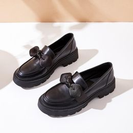 Dress Shoes High Quality Women Pumps Fashion Bowknot Soft Genuine Leather Black Chunky Low Heels Single Woman Round Toe Zapato Mujer