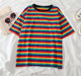 Women's T-Shirt Spring and summer women's rainbow striped o neck short sleeve t-shirt 230314