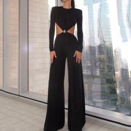 Women's Jumpsuits Rompers LIYONG Women Sexy Jumpsuit Round Neck Long Sleeves Solid Colour Backless Cutout Waist Loose Wide Legs Romper High Streetwear 230314