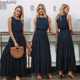 Casual Dresses 2023 Bohemia Women Dark Blue Loose Sleeveless Holiday Dot Print Long Dress Evening Party Maxi Dresses Summer Beach Sundress W0315